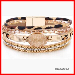 Faux Leather Wrap Bracelet with Crystal Beads and Magnetic Clasp